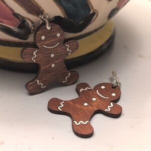 Gingerbread Wooden Drop Pierced Earrings